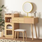 Coiffeuse avec miroir rond, clair led rglables, 3 tiroirs de rangement, portes en verre, commode en ...