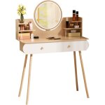 Coiffeuse avec miroir rond, lumi�re led r�glable, 2 tiroirs, 4 �tag�res, 80�40�120 cm.