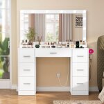 Coiffeuse avec miroir hd et station de charge ? 7 tiroirs spacieux ? 3 compartiments sous miroir ? panneaux ...