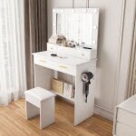 Coiffeuse avec miroir tabouret ampoules led tricolores 4 tiroir rangement 80x40x137cm table de maquillage ...