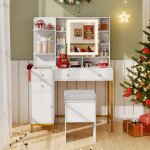 Coiffeuse avec miroir et tabouret, coiffeuse avec rangement, lumi�res led 3 couleurs, table de maquillage, ...