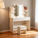 Coiffeuse moderne avec miroir et tabouret led tricolores 6 etag�res rangement table de maquillage avec ...