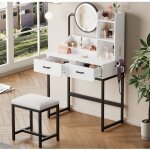 Coiffeuse style moderne avec Éclairage led, miroir pivotant, tabouret, prises usb et standard, avec 2 ... Coiffeuse style moderne avec Éclairage led, miroir pivotant, tabouret, prises usb et standard, avec 2 ...