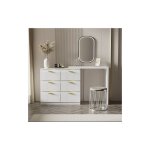Coiffeuse avec table d'appoint, bureau avec 6 tiroirs, poignes dores, plateau pivotant(180), laqu, ...