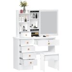 Coiffeuse avec tabouret, miroir coulissant, 6 tiroirs et 5 �tag�res, blanc, 80�36�122 cm.