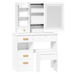 Coiffeuse avec tabouret rembourr�, 5 tiroirs et 6 �tag�res, miroir coulissant avec �clairage r�glable ...