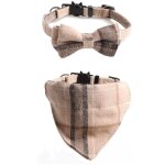 Collier chien carreaux n?ud papillon, beige marron, cadeau petit moyen grand chien