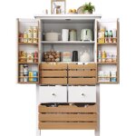 Colonne de cuisine 80x40x140cm - 2 portes et 5 tiroirs - mdf + panneaux de particules - blanc + naturel ...