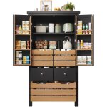 Colonne de cuisine 80x40x140cm - 2 portes et 5 tiroirs - mdf + panneaux de particules - noir + naturel ...