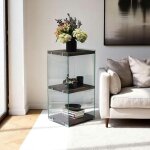 Colonne vitrine design - bois gris fonc�, 3 plateaux lhasa