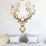 (color�)sticker mural amovible cerf t�te fleurs oiseau autocollant d�calque d�cor maison