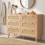 Commode 100 cm effet rotin, 6 tiroirs, buffet 100, commode chambre, meuble de rangement, pour salon / ...