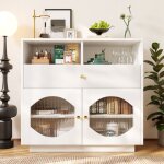 Commode 100 cm, rectangulaire, avec tiroirs en similicuir, 2 portes en verre, étagères de rangement, ... Commode 100 cm, rectangulaire, avec tiroirs en similicuir, 2 portes en verre, étagères de rangement, ...
