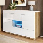Commode 120 cm design moderne haut brillant, meuble pour salon avec vitrine, 2 portes, 3 tiroirs de rangements ...