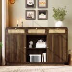 Commode 120 cm en noyer - 3 tiroirs en rotin & 2 portes avec �tages r�glables - poign�es dor�es - dimensions ...