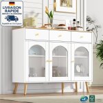 Commode 120x34x94cm avec 3 tiroirs 3 portes en verre de montagne, buffet, meuble de cuisine, aggloméré, ... Commode 120x34x94cm avec 3 tiroirs 3 portes en verre de montagne, buffet, meuble de cuisine, aggloméré, ...