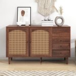 Commode 130 cm en bois, avec 3 portes, 2 tiroirs et 2 �tag�res de rangement, portes en rotin, style rustique, ...