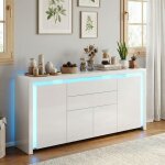 Commode chambre, commode blanche 160 cm, 4 portes 2 tiroirs, �clairage led, meuble de rangement, fa�ade ...