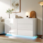 Commode 160 cm, commode moderne avec 3 tiroirs et �clairage led - portes cach�es, finition brillante, ...