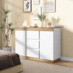 Commode 3 tiroirs 2 portes, buffet, meuble de rangement, scandinave, 120. 5x40x82. 5cm, blanc + ch�ne ...