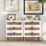 Commode 3 tiroirs commode chambre adulte pieds en bois massif poign�e noir design tiroir en rotin boh�me ...