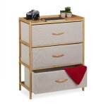 Commode  3 tiroirs, hlp : 73 x 57, 5 x 30 cm, meuble de rangement, bambou et tissu, nature / beige - ...