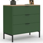 Idmarket ? commode 3 tiroirs vert kaki 80 cm ? plateau bois ? pieds m�tal noir ? rangement compact pour ...