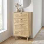 Commode � 4 tiroirs 55x40x95cm, chiffonnier de rangement avec effet rotin tress�, buffet haut meuble ...