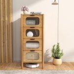 Commode � 4 tiroirs armoire de rangement en bambou avec tiroirs en verre tremp� ray� meuble de rangement ...