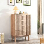 Commode 4 tiroirs, meuble de rangement, buffet salon en bois, armoire chambre, couleur naturelle, 60x34x91cm ...