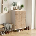 Chiffonnier 5 tiroirs, chiffonnier 60cm, commode chambre, design stri� bois et blanc, pieds dor�s, meuble ...