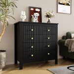 Wishdor - commode 5 tiroirs avec poignées dorées, pour chambre et salon, noir Wishdor - commode 5 tiroirs avec poignées dorées, pour chambre et salon, noir