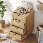 Commode 55x40x95 cm, avec 4 tiroirs en osier, large surface de travail, poign�es m�talliques noires, ...