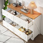 Commode 6 tiroirs, buffet de cuisine 120x40x76 cm, style campagne r�tro, mdf et panneaux de particules, ...