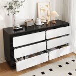 Commode 6 tiroirs, buffet de cuisine, meuble de rangement, entr�e / salon / chambre, 140�38�74cm, blanc ...