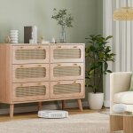 Commode 6 tiroirs effet rotin - 100 cm - meuble de rangement design boh�me scandinave - pieds en bois ...