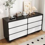 Commode � 6 tiroirs, commode noir et blanc, pieds m�talliques arrondis, pour salon et chambre