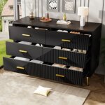 Commode  6 tiroirs, commode noire avec pieds dors, 120x40x75 cm
