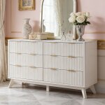 Commode 6 tiroirs � panneaux canel�s, plateau faux marbre, profil courb� - meuble tv 137 cm large, organisateu ...