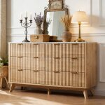 Commode 6 tiroirs � panneaux canel�s, plateau faux marbre, profil courb� - meuble tv 137 cm large, organisateu ...
