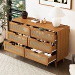 Commode avec 6 tiroirs en rotin, buffet salon en bois, casier, armoire chambre, poignes mtalliques, ...