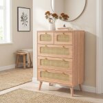 Commode 60 cm effet rotin, 5 tiroirs, buffet 60, commode chambre, meuble de rangement, pour salon / cuisine ...