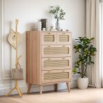 Commode 60cm avec 5 tiroirs de rangement, commode chambre en rotin, poignes dores et pieds en bois, ...