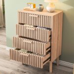 Commode 60x34x91 cm, avec 4 tiroirs, poign�es en bois, cadre en bois massif, mdf, style maison de campagne, ...