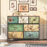 Commode 7 tiroirs 100x30x78cm - cadre en m�tal, tiroirs avec poign�es en tissu - motifs r�tros - noir ...