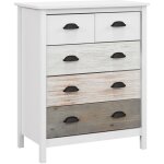 Commode 70x37x85 cm, avec 5 tiroirs, pieds en pin, poignes noires, anti - basculement, commode de rangement, ...
