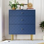 Commode 75x40x89 cm avec 3 tiroirs, table de chevet, meuble de rangement, buffet, poignes et pieds dors, ...