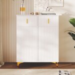 Commode 83 cm, avec 2 portes, 2 tiroirs, 2 �tag�res r�glable, poign�es et les pieds dor�s, panneaux textur�s, ...