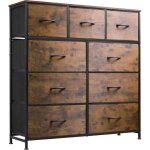 Commode 9 tiroirs, tour de rangement en tissu, cadre acier, plateau bois, poigne facile pour chambre, ...