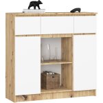 Akord - commode k100 ch�ne artisan 101 cm 2 portes 3 tiroirs fa�ade blanche 6 �tag�res 101x35x98 cm